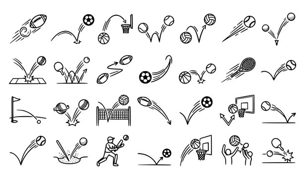 Creative Hand Drawn Sports Ball Trajectory Bounce Outline Icons Motion Line Clipart Vector Set