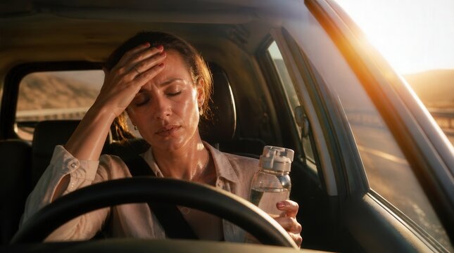 Exhausted woman in car holding water bottle during a golden sunset heat wave on the road.