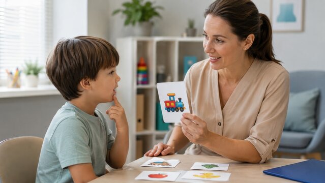 Speech therapist teaching young boy with flashcards at table