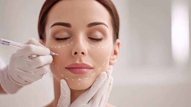 Cosmetic surgery preparation with facial markings, plastic surgeon drawing lines on female face, aesthetic medicine and dermatology procedure