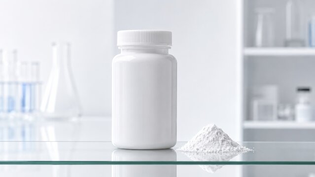White pill bottle and powder on clinical glass shelf