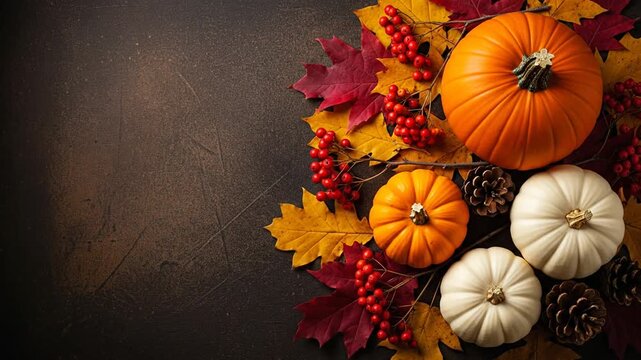 Fall pumpkin display with autumn leaves and berries on dark background
