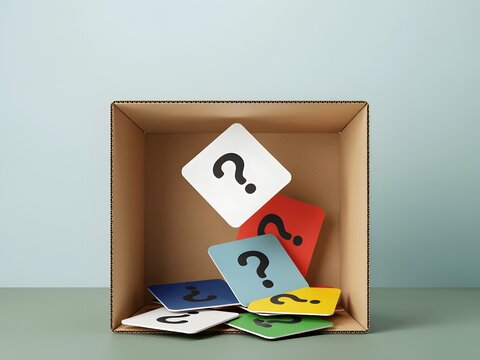 Confused office worker staring at empty cardboard moving box with scattered documents and question marks