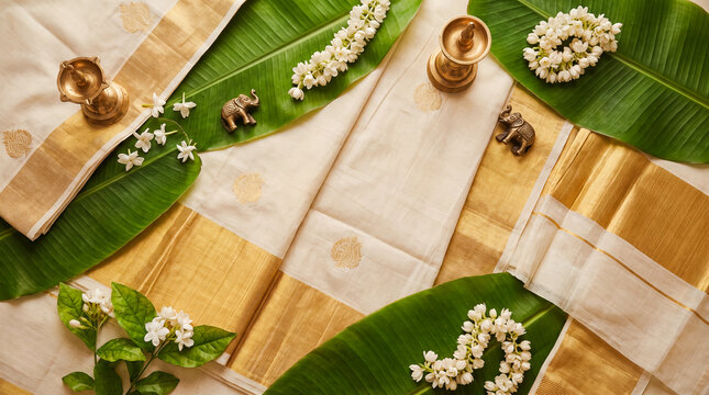 onam kerala kasavu saree traditional clothing jasmine flowers background festival with gold textiles jasmine banana leaves and brass decor for fashion campaigns cultural greetings and festival banners