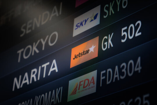 An airport departure board showing flights by Jetstar, SKY and FDA on August 3, 2023 in Fukuoka, Japan.