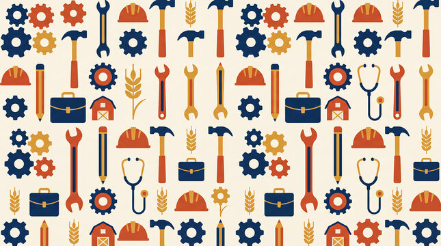 labor day pattern tools workers construction agriculture healthcare background seamless with retro symbols for essential worker greetings giftwrap textiles stationery and seasonal marketing designs