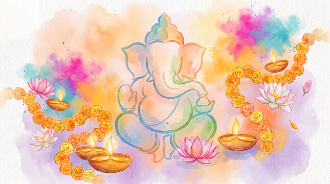 ganesha ganesh chaturthi hindu festival background watercolor lotus diya spiritual Soft pastel deity with lotus flowers garlands and glowing lamps suits devotional greetings and event promotions