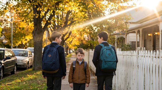 Three schoolboys with backpacks walking on a sunny autumn street past houses and trees.
