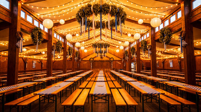 oktoberfest beerhall bavarian festival background germany munich celebration interior traditional Warm hall with communal benches lights and rustic wood suits event banners and hospitality promotions