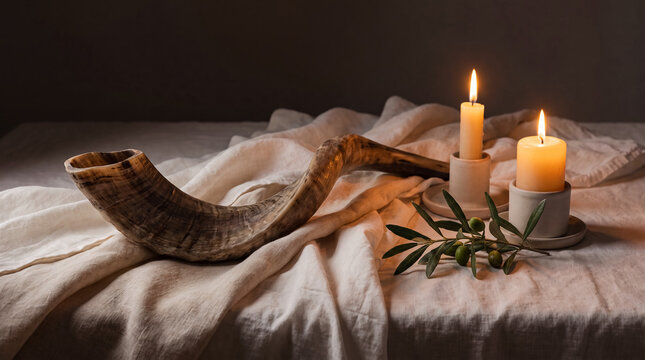 yom kippur jewish holiday background shofar candles atonement prayer solemn Ram horn and candle arrangement on draped cloth evokes repentance and reflection for religious messages and campaigns
