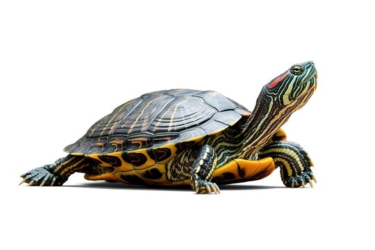 A red-eared slider turtle standing on a white background