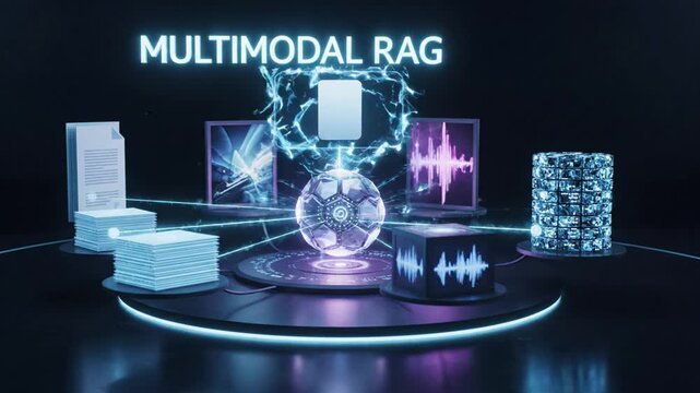 3D motion graphics visualization of a central data core connecting various digital information modules including text, images, and audio waveforms with copy space