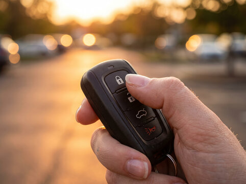 Man holding smart car key fob against sunset