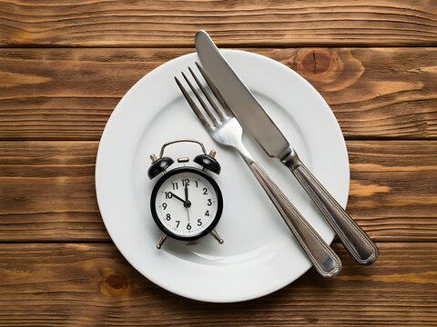 Minimalist time management concept with silver fork, knife, and clock on white plate