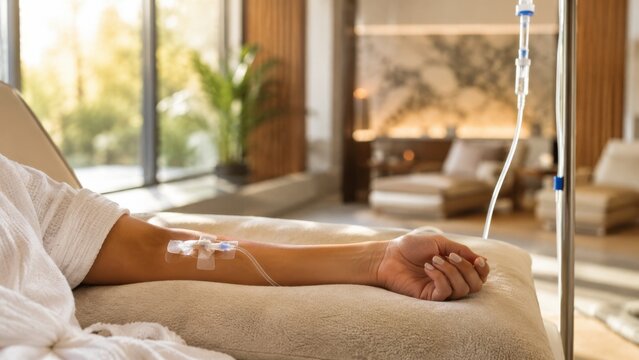 Woman receiving vitamin IV drip in luxury wellness lounge