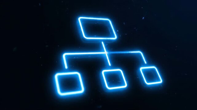 Glowing blue neon organization chart on a black, particle-filled background