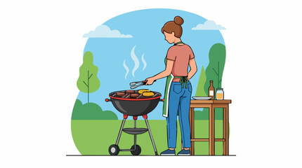 Woman Grilling Burgers and Corn on a Barbecue Outdoors in a Park © Artification