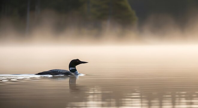Common Loon Swimming on Misty Lake at Sunrise