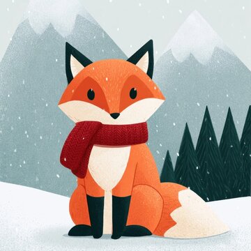 Cute fox wearing a red knitted scarf in a snowy winter forest setting