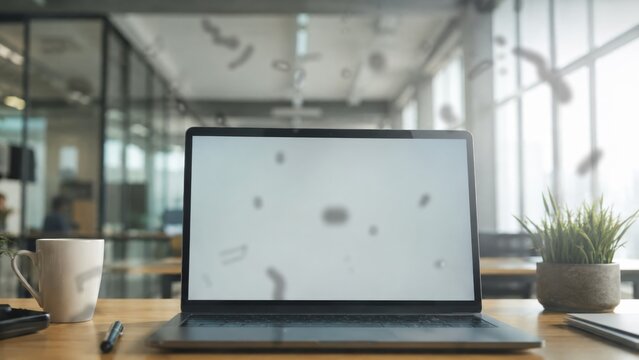 POV simulation of eye floaters over laptop in bright office