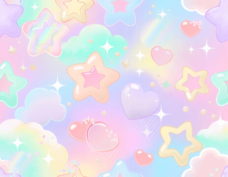 パステルカラーの星とハートが浮かぶ幻想的でかわいい背景イラスト