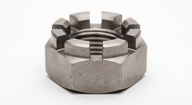Extreme macro of a bare titanium castellated nut. Heavy-duty hex nut with vertical slots for a cotter pin isolated on white.