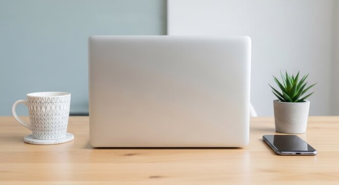 A laptop computer with a white screen and a white keyboard on a wooden desk with a white mug and a white plant in a white pot.