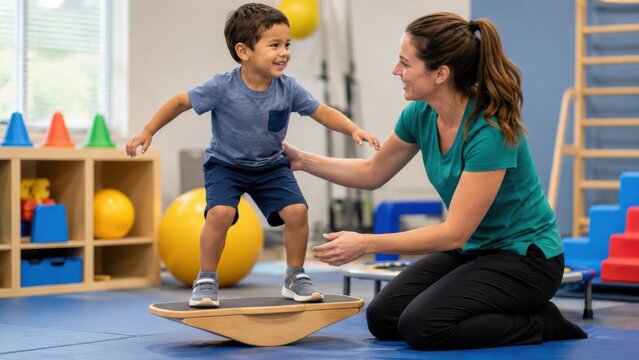 Child and pediatric therapist using balance board