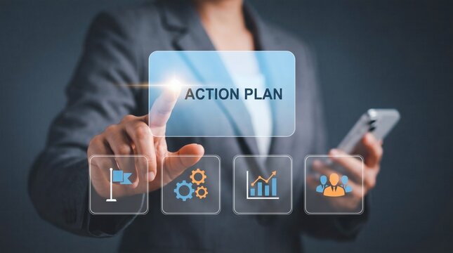 Action Plan concept with virtual business planning interface and management icons symbolizing strategic planning goal execution and organizational success.
