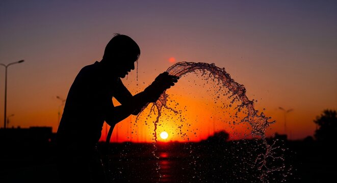 Silhouette man casting fishing net at golden sunset over open field with dramatic sky lighting