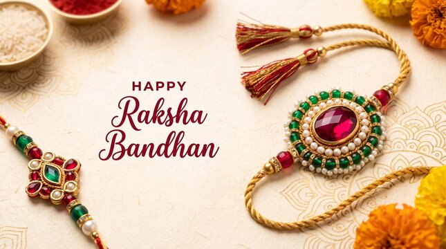 Elegant happy raksha bandhan greeting card with ornate jeweled gold rakhi on soft cream textured background, festival