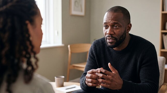 mental health therapy counseling support man conversation therapist wellbeing recovery shows a Black adult sharing concerns in a private session for access to care trust and emotional wellness