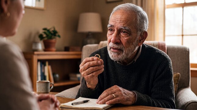 grief counseling senior man loss therapy support remembrance conversation healing shows an older widower holding a wedding ring during a caring session for bereavement and healthy aging outreach