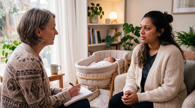 postpartum mental health counseling mother therapist newborn support home wellbeing shows a new parent speaking with a counselor beside a bassinet for maternal care family wellness and outreach