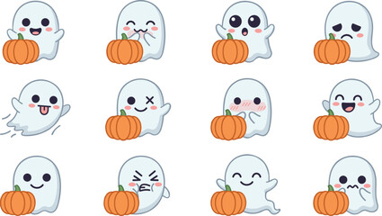 Obraz premium Cute Halloween Ghost Character Set Holding Pumpkins with Different Facial Expressions for Festive Autumn Graphics, Greeting Cards, Stickers, and Website Icons.