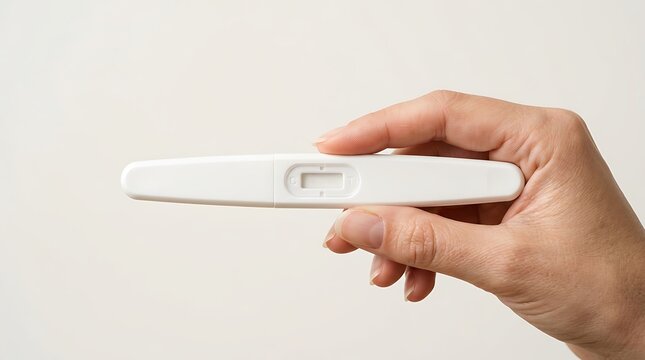 A hand holds a white pregnancy test stick against a plain background, indicating a personal health check.