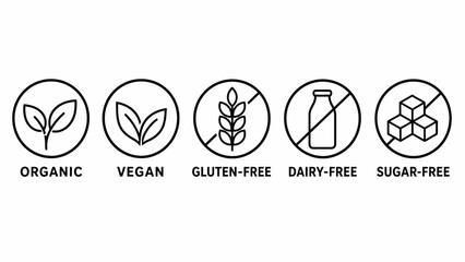 Fototapeta premium Vector icons for organic vegan gluten free dairy free sugar free.