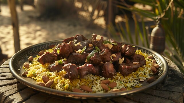 shuwaa on decorated traditional metal tray, positioned center-left on a dark rustic wood table in the desert