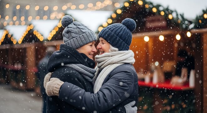 Happy young couple hugging at a festive outdoor Christmas market during a snowy winter evening in the city