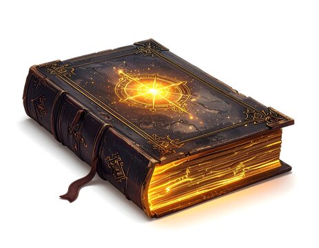Ancient magical book with glowing symbols and ornate gold details isolated on white background