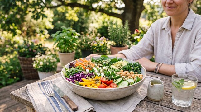 Colorful rainbow salad with fresh vegetables, chickpeas, and greens in bowl on rustic wooden table outdoors, woman enjoying healthy vegan meal in garden setting, summer mood