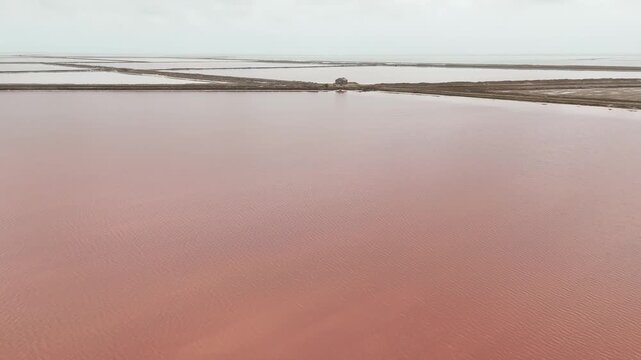 Cinematic aerial footage of vibrant pink salt evaporation ponds in Namibia. A unique industrial and natural landscape of colorful salinas stretching to the horizon.