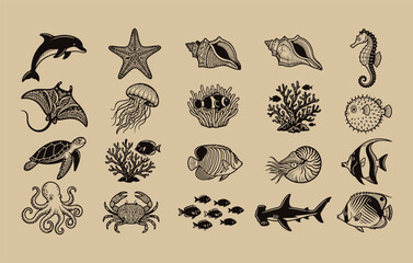 Sea animal silhouettes woodcut design collection with under the sea fish stingray seahorse coral and seashell icons for retro aquatic branding and posters © GANJIB