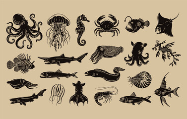 Sea life creatures linocut style vector set featuring octopus shark jellyfish and deep ocean animals © GANJIB