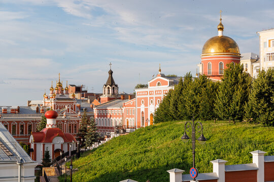 Orthodox church domes and historic city architecture in Samara