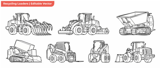 Recycling loader vector line art set of heavy construction machinery outline illustrations including skid steer tractor dumper bulldozer scraper and industrial equipment clipart for coloring pages. © Dinali