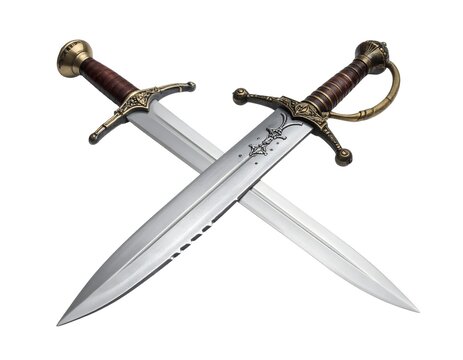 Two crossed medieval swords with ornate handles against a white background