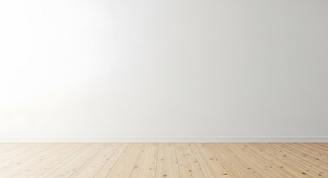 Empty room with light wooden floor and plain wall for interior design presentation