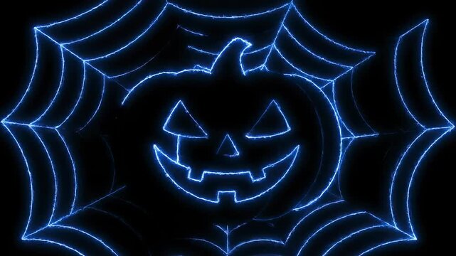 Glowing blue neon pumpkin in a spiderweb on a black background
