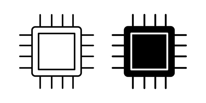 Microprocessor icon in outline and solid style, isolated on white background. Ideal for hardware, computing performance, and tech engineering features in mobile and web design.